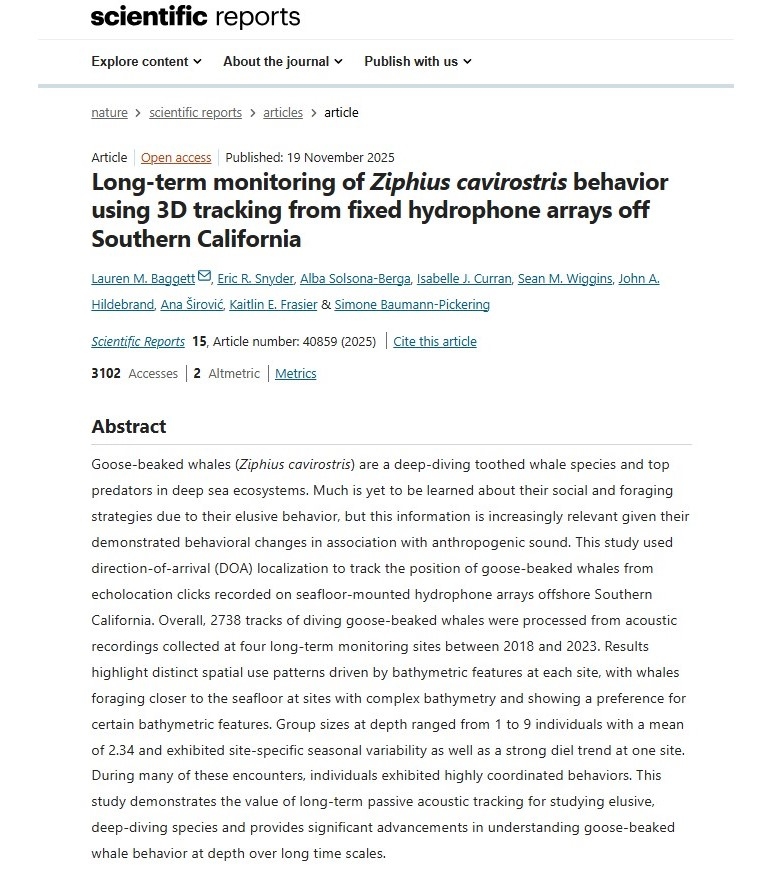 Long-term monitoring of Ziphius cavirostris behavior using 3D tracking from fixed hydrophone arrays off Southern California thumbnail image