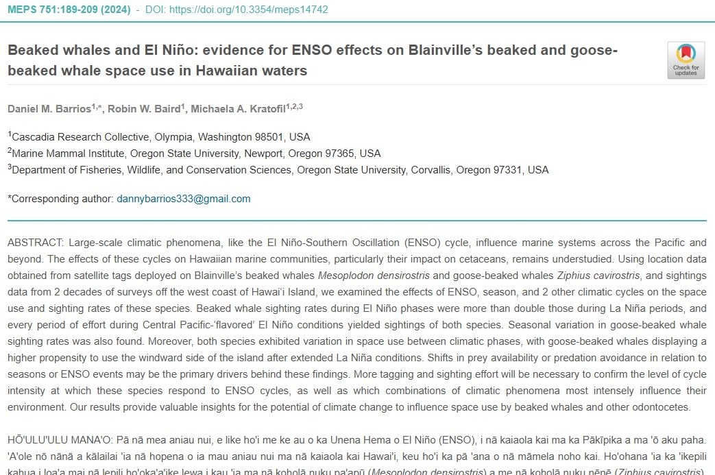 Beaked whales and El Niño: evidence for ENSO effects on Blainville’s beaked and goose-beaked whale space use in Hawaiian waters thumbnail image