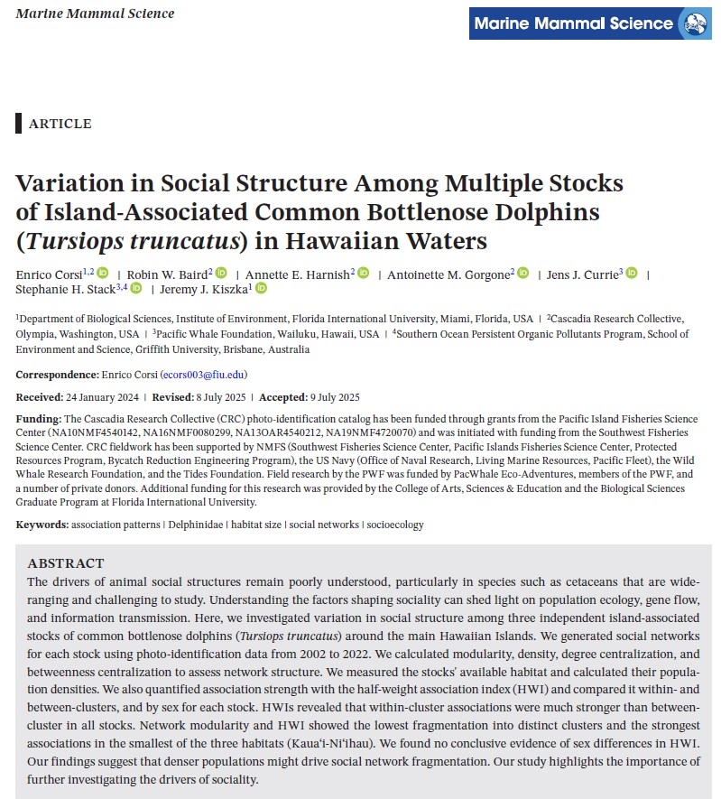 Variation in Social Structure Among Multiple Stocks of Island-Associated Common Bottlenose Dolphins in Hawaiian Waters thumbnail image